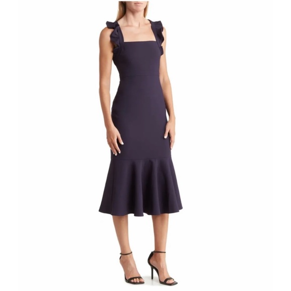 LIKELY Navy Hara Ruffle Strap Midi Dress Size 0